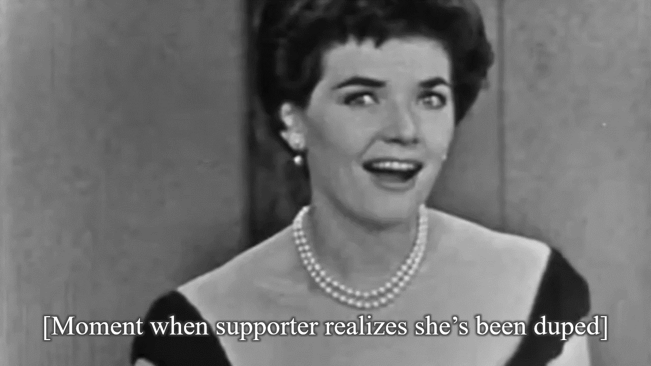 Moment When Supporter Realizes She's Been Duped 08-14-24